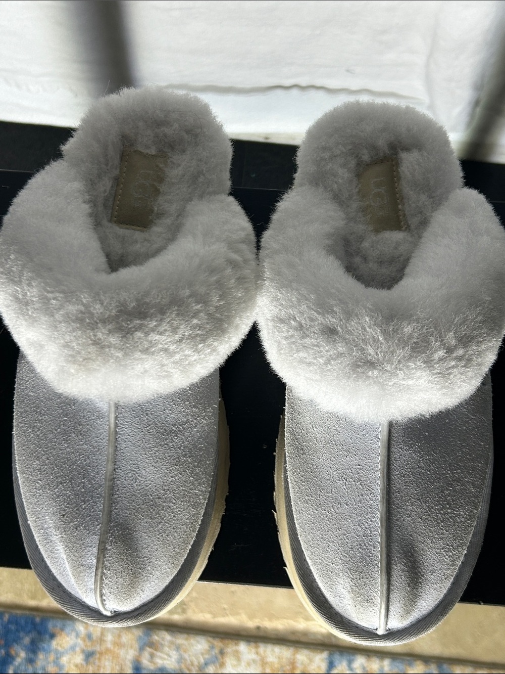 UGG White Suede Shearling Slip-On Mules with Tan Sole - Picture 3 of 4